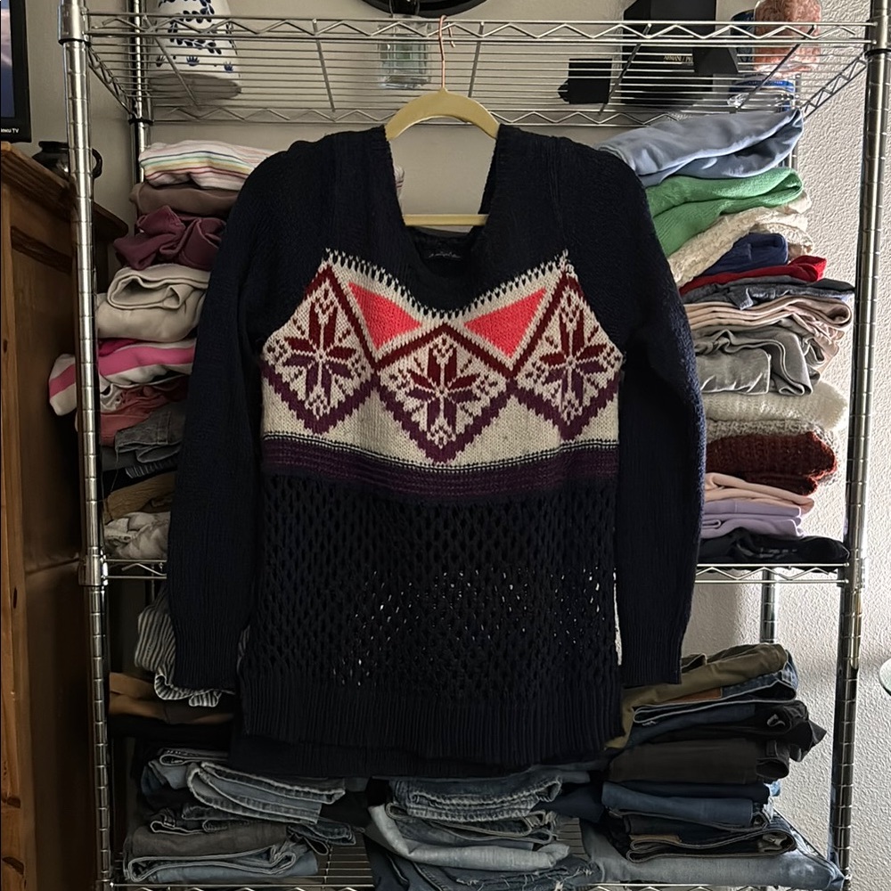 American Eagle Outfitters Blue and Pink Crew Neck Sweater with Geometric Design